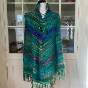 Gorgeous Peruvian Wool Poncho, Ultra Soft, Handknit, One Size, Blue Green Purple